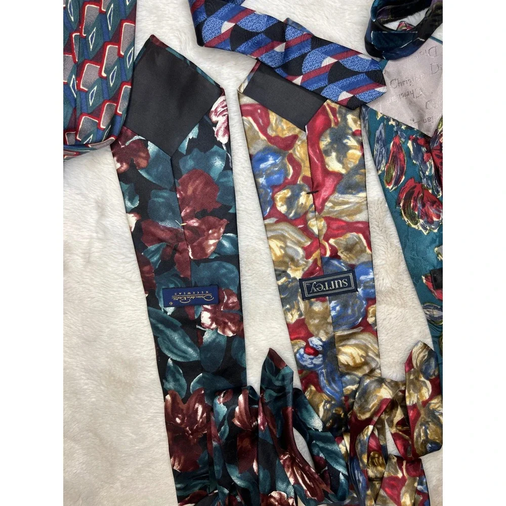 Vintage Mens Silk Necktie Lot Christian Dior Bugatti Floral Geometric Multi OS